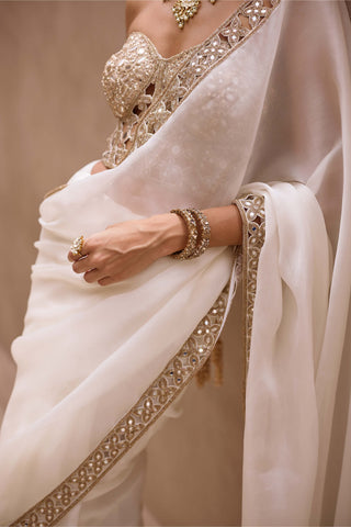 Off white satin organza cutwork border sari set