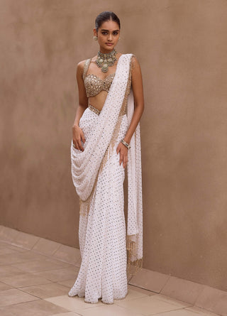 Off white sequin sari set