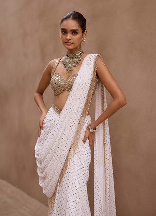 Off white sequin sari set