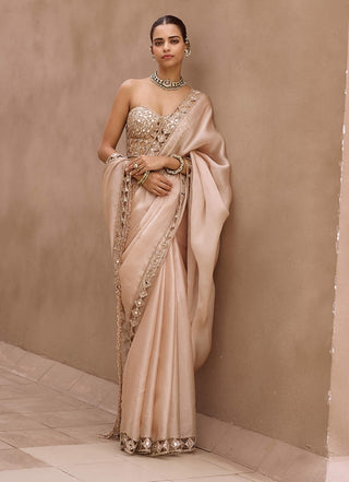 Light beige cutwork border sari corset set