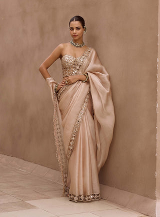 Light beige cutwork border sari corset set
