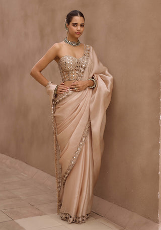 Light beige cutwork border sari corset set