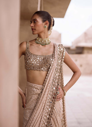 Light beige round-neck cutwork sari set