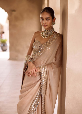 Light beige mirror border sari corset set