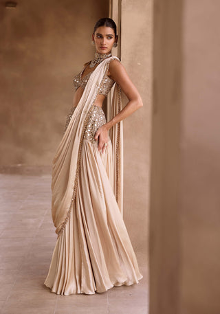 Light beige satin draped sari set