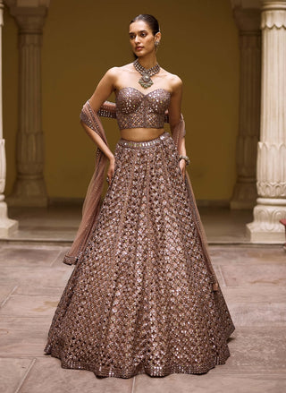 Deep beige flower cutwork lehenga set