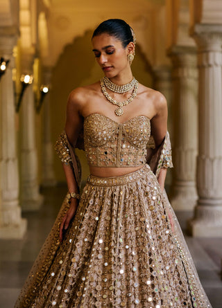 Light beige diamond mirror cutwork lehenga corset set