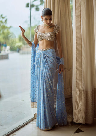 Dew blue draped skirt set