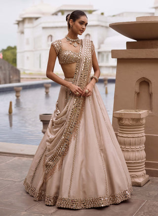 Light beige linear mirror lehenga set