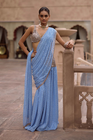 Dew blue draped sari set