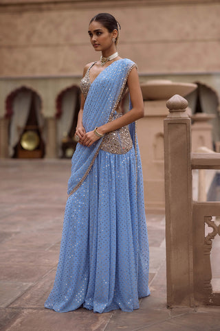 Dew blue draped sari set