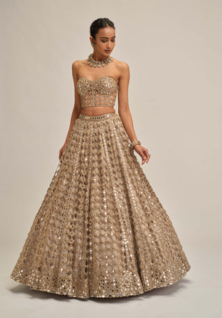 Light beige diamond mirror cutwork lehenga corset set