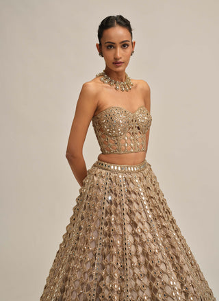 Light beige diamond mirror cutwork lehenga corset set