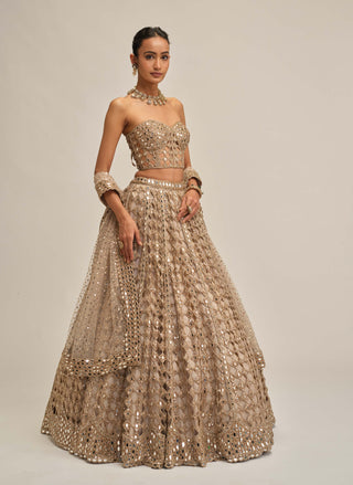 Light beige diamond mirror cutwork lehenga corset set