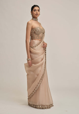 Light beige cutwork border sari corset set