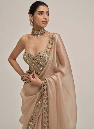 Light beige cutwork border sari corset set