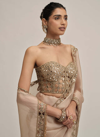Light beige cutwork border sari corset set