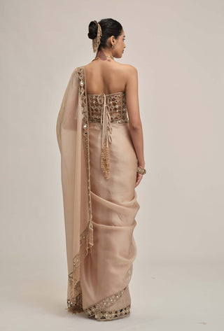 Light beige cutwork border sari corset set