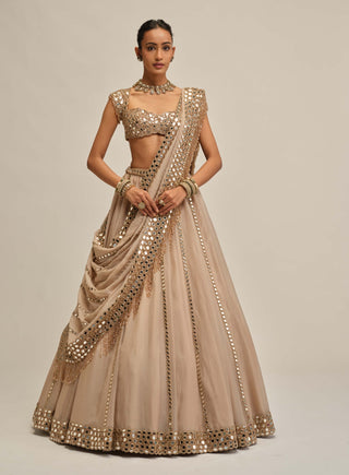Light beige linear mirror lehenga set