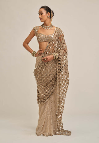 Light beige cutwork pallu sari set