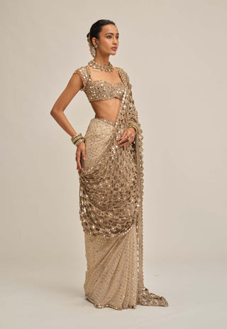 Light beige cutwork pallu sari set