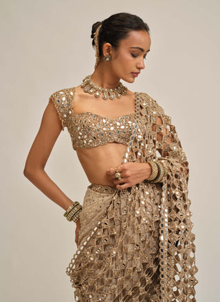 Light beige cutwork pallu sari set