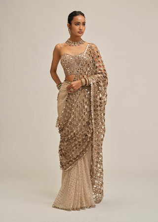 Light beige cutwork pallu sari corset set