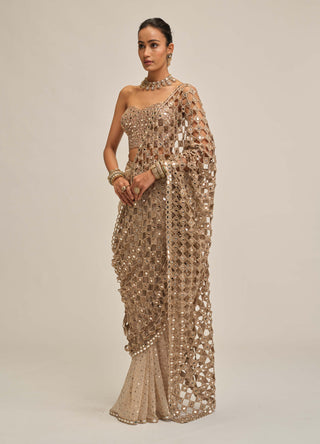 Light beige cutwork pallu sari corset set