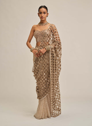 Light beige cutwork pallu sari corset set