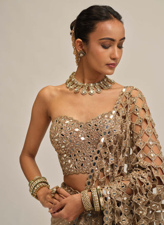 Light beige cutwork pallu sari corset set