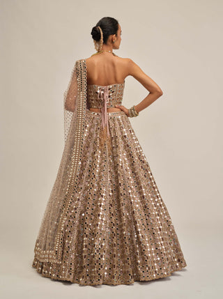 Ash pink dense mirror cutwork lehenga corset set