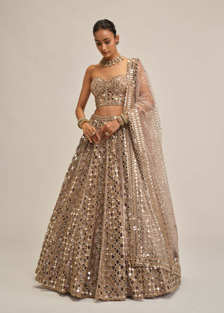 Ash pink dense mirror cutwork lehenga corset set