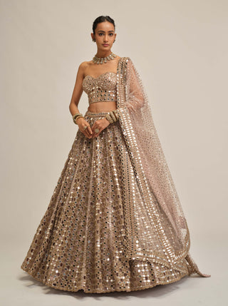 Ash pink dense mirror cutwork lehenga corset set