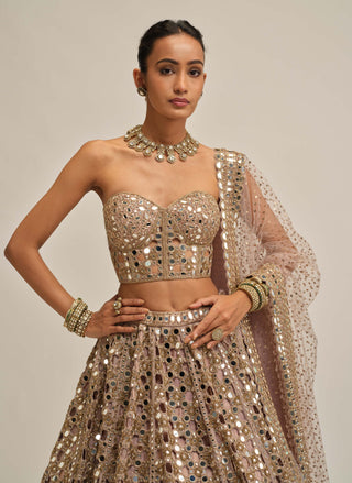 Ash pink dense mirror cutwork lehenga corset set