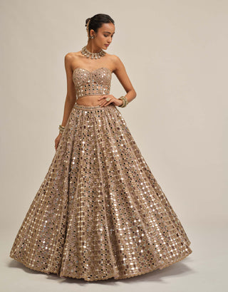 Ash pink dense mirror cutwork lehenga corset set