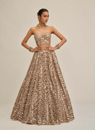 Ash pink dense mirror cutwork lehenga corset set