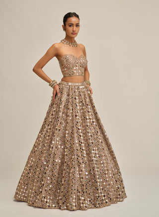 Ash pink dense mirror cutwork lehenga corset set
