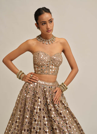 Ash pink dense mirror cutwork lehenga corset set