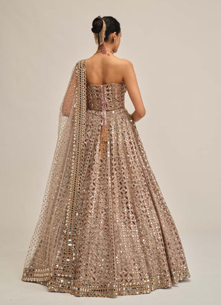 Ash pink circular cutwork lehenga corset set