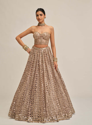 Ash pink circular cutwork lehenga corset set