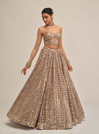Ash pink circular cutwork lehenga corset set