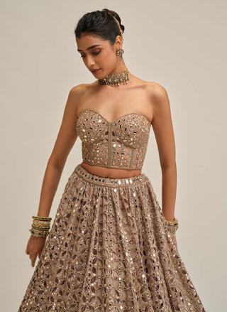 Ash pink circular cutwork lehenga corset set