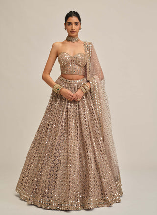 Ash pink circular cutwork lehenga corset set