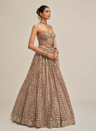 Ash pink circular cutwork lehenga corset set