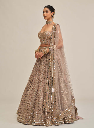 Ash pink circular cutwork lehenga corset set