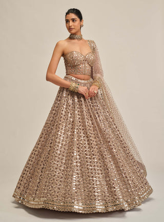 Ash pink circular cutwork lehenga corset set