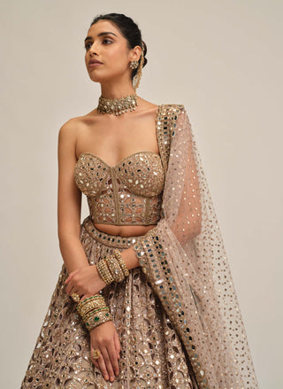 Ash pink circular cutwork lehenga corset set
