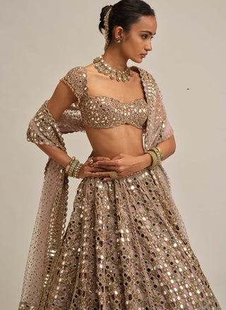 Ash pink dense mirror cutwork lehenga set