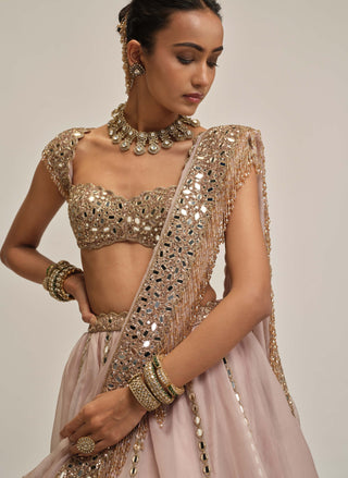 Ash pink linear mirror lehenga set