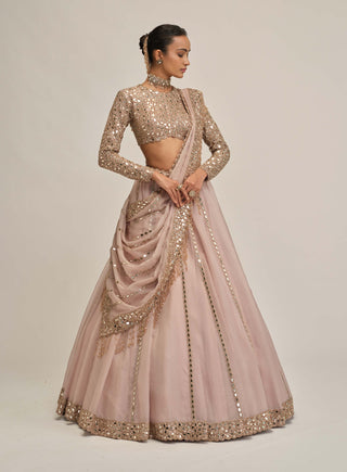 Ash pink full-sleeve lehenga set